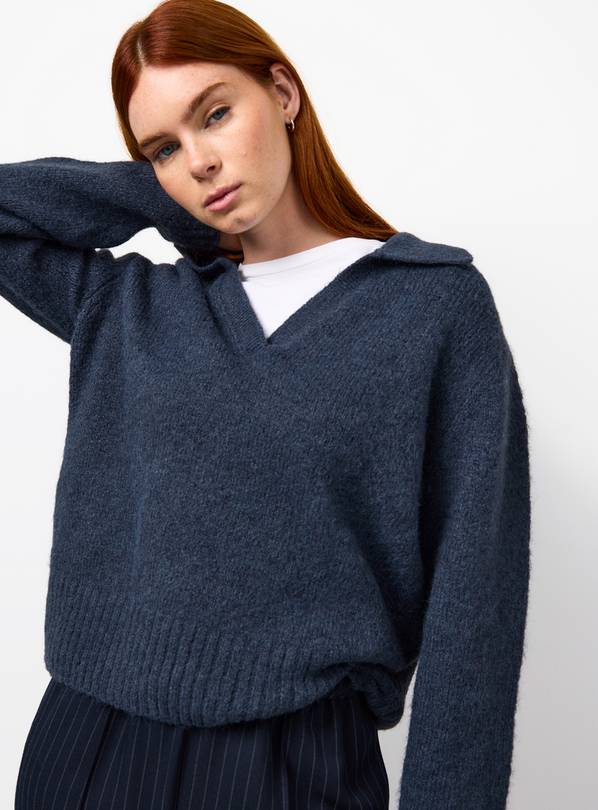 Navy Open Collar Knitted Jumper 22